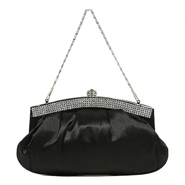 Evening Bag - Pleated Satin w/ Beads Accent - Black - BG-E70973BK